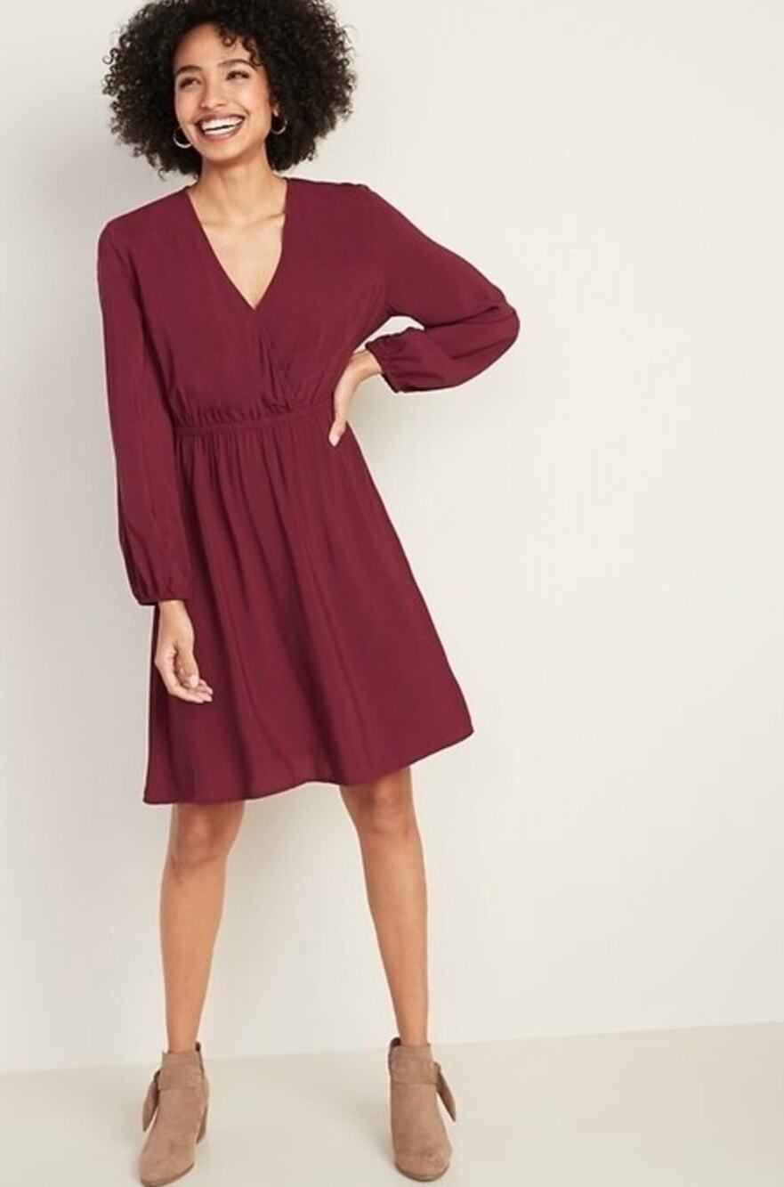 Old Navy Long Sleeves Faux Wrap Dress Maroon Size XL V Neck NWT Fall Jewel Tone